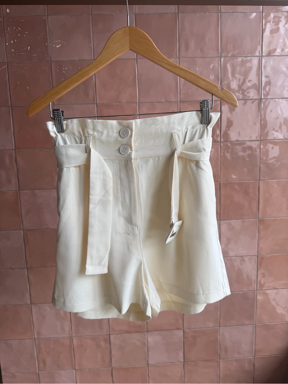 NWT - High-Waist Cream Paperbag Shorts with Self-Tie Belt